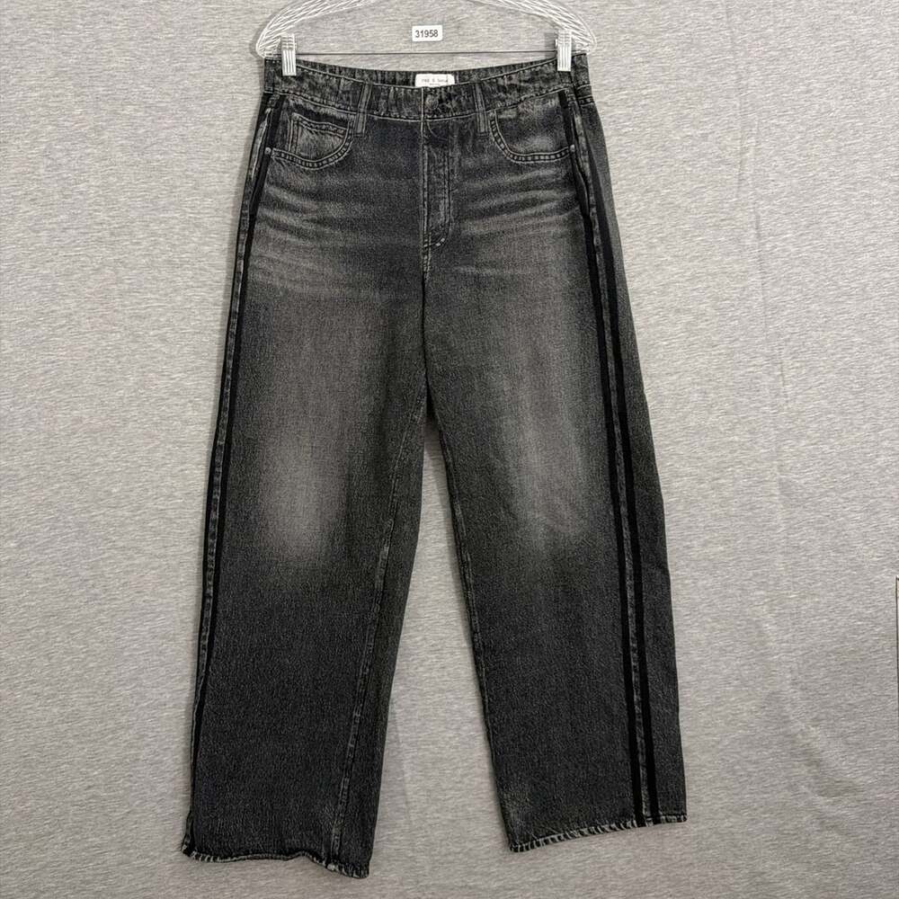 Rag & Bone Womens Large Miramar Denim Black Wide Leg Side Stripe Track Pants